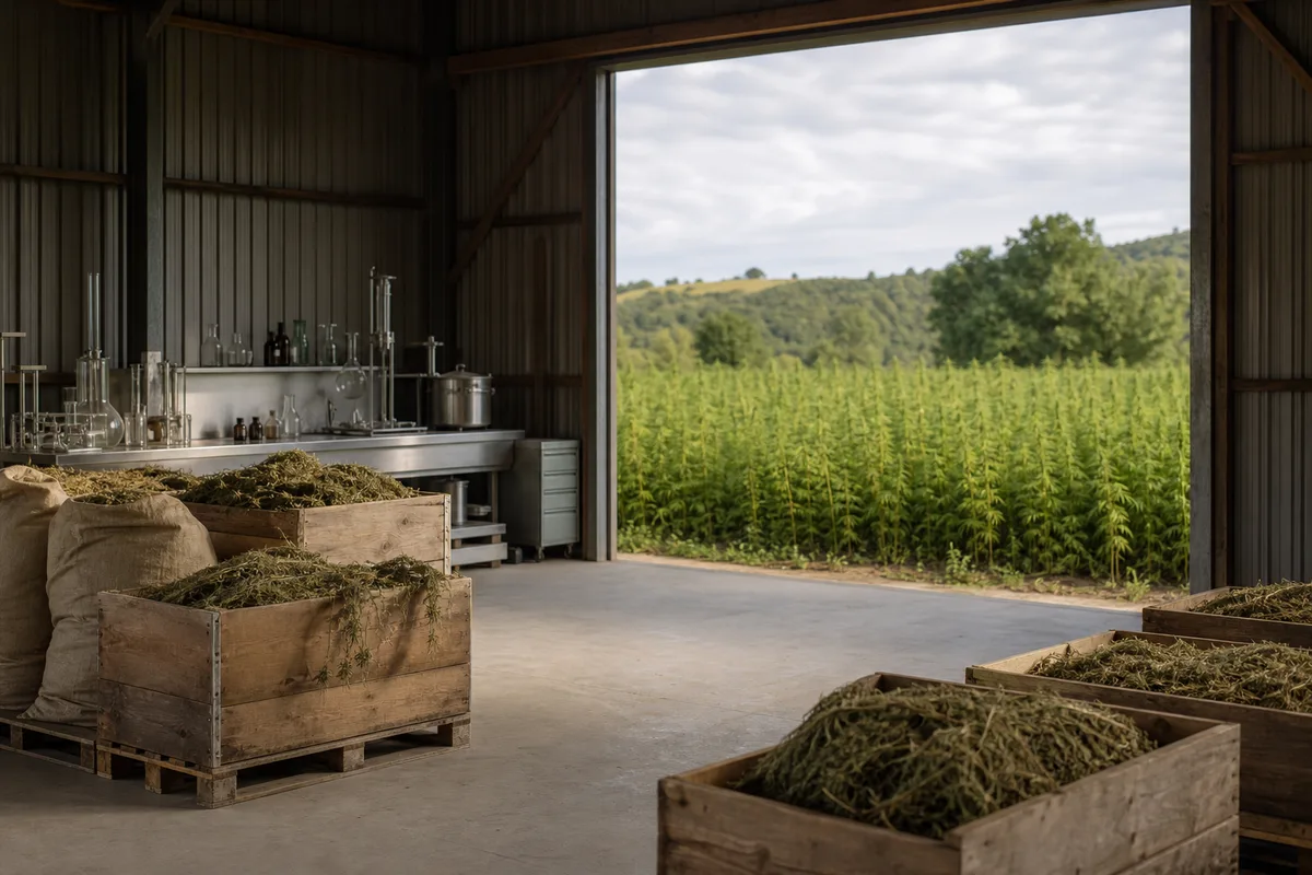 Hangar agricole français où sèchent des balles de chanvre sur palettes, lumière rasante du matin